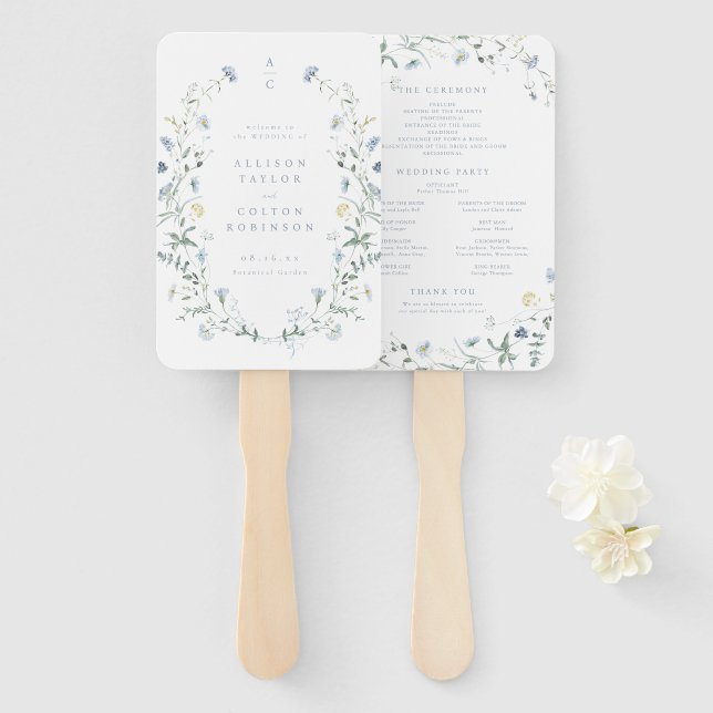 Dusty Blue Wildflower Rustic Boho Wedding Program Hand Fan (Front and Back)