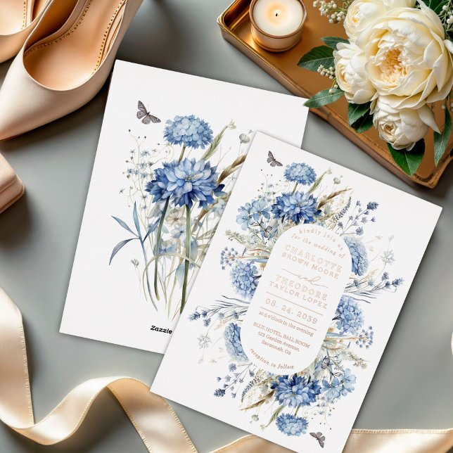 Dusty Blue Wildflower Rustic Wedding Rose Gold  Foil Invitation (Creator Uploaded)