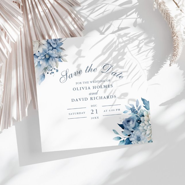 Dusty Blue Wildflower Save the Date Card (Boho Floral Pampas Grass Wedding Save the Date on a sunny white table.)