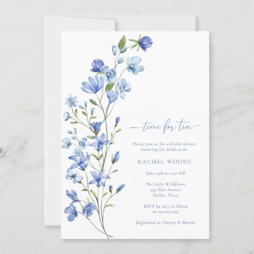 Dusty Blue Wildflower Time For Tea Bridal Shower Invitation