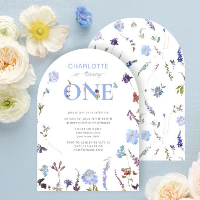 Dusty Blue Wildflower Turning One 1st Birthday Inv Invitation (Creator Uploaded)