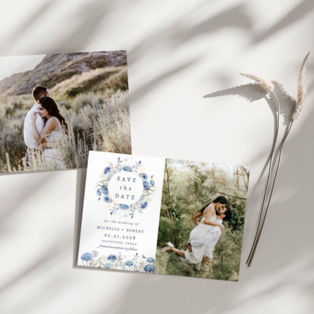 Dusty Blue Wildflower two Photo Save The Date Invitation (Creator Uploaded)
