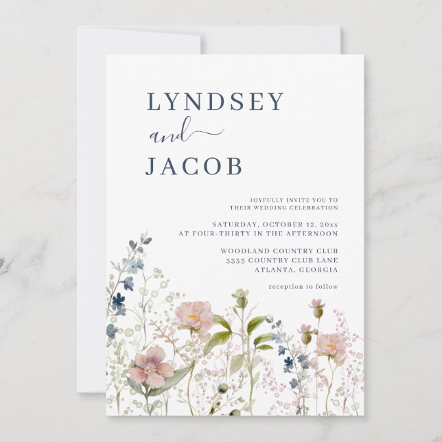Dusty Blue Wildflower Wedding Invitation (Front)