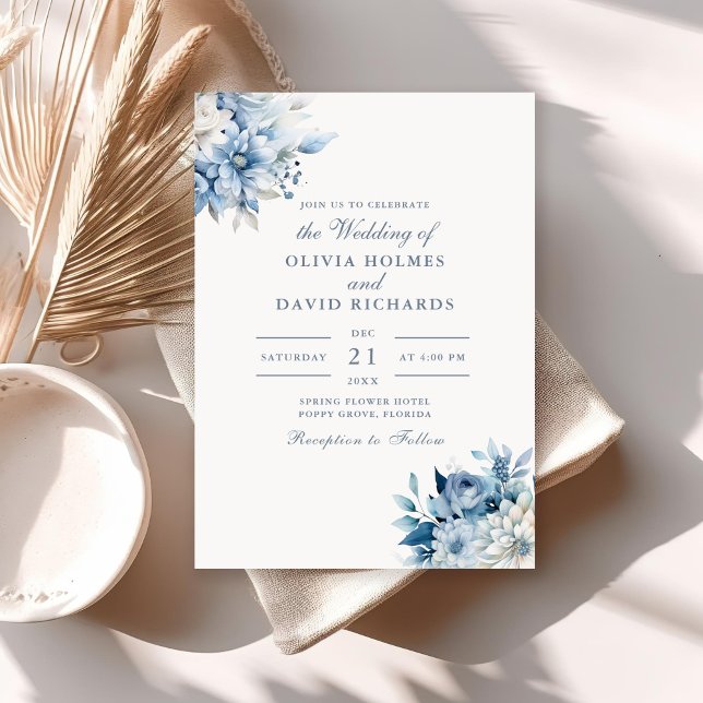Dusty Blue Wildflower Wedding Invitation Card (Modern Elegant Dusty Blue Wildflowers Wedding Invitation on a sunny neutral boho table.)