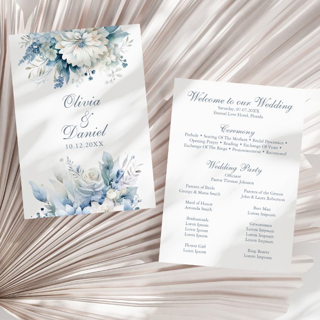 Dusty Blue Wildflower Wedding Program Card (Modern Dusty Blue Wildflowers Wedding Program on a sunny white dry palm leaf.)