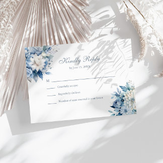Dusty Blue Wildflower Wedding RSVP White Back Card