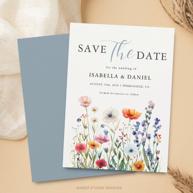 Dusty Blue Wildflower Wedding Save The Date (Card is shown in 4.5 x 6.25 inches with square corners. Choose size, corner and paper style.)