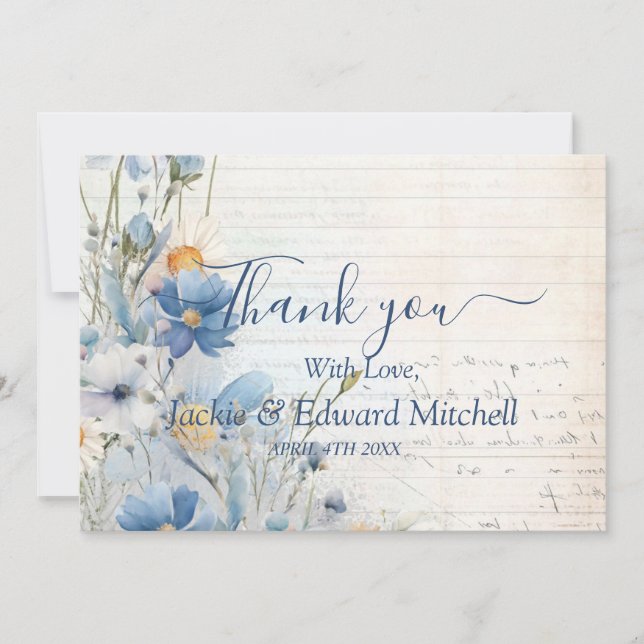 Dusty Blue Wildflower Wedding Thank You Card (Front)