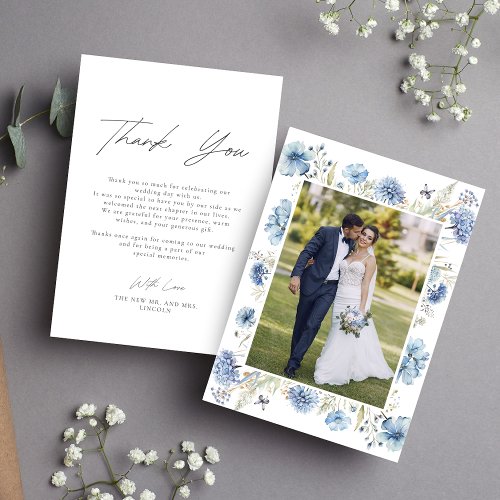 Dusty Blue Wildflower Wedding Thank You Photo Card