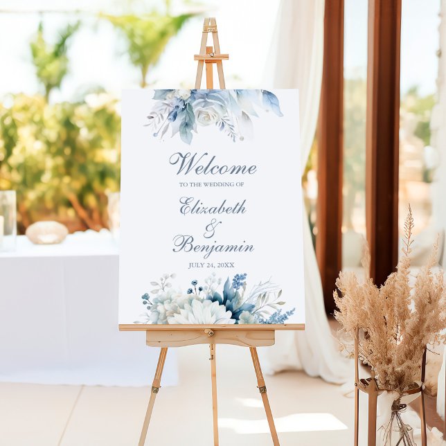 Dusty Blue Wildflower Wedding Welcome Sign (Modern Dusty Rose Wildflowers Wedding Welcome Foam Board)