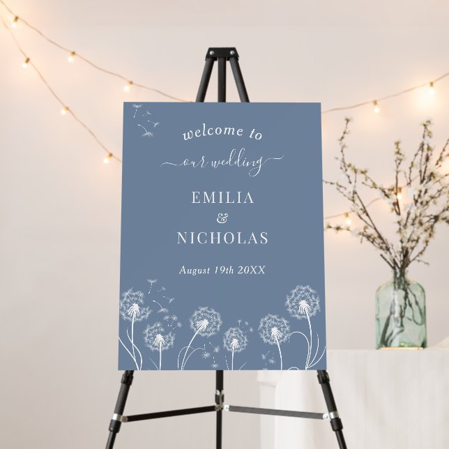 Dusty Blue Wildflower Wedding Welcome Sign (In Situ (Stand))