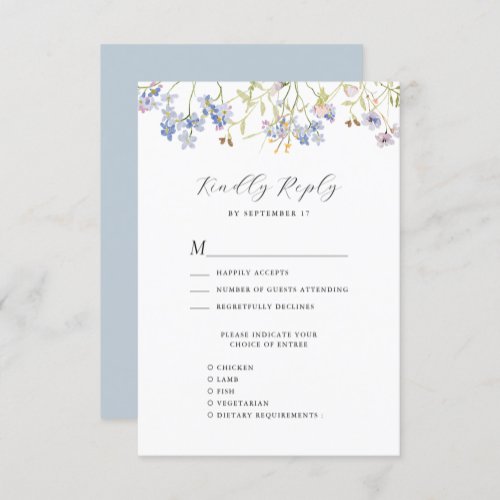 Dusty Blue Wildflower Whimsical Modern Wedding RSVP Card