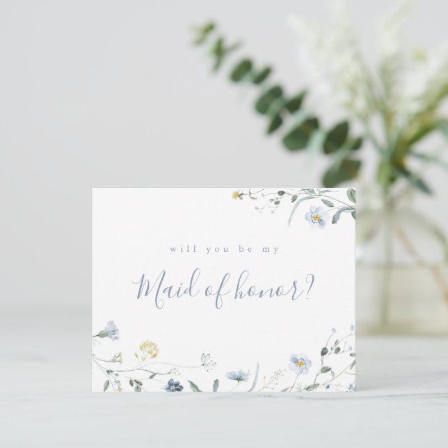 Dusty Blue Wildflower will you be my maid of honor Invitation (Standing Front)