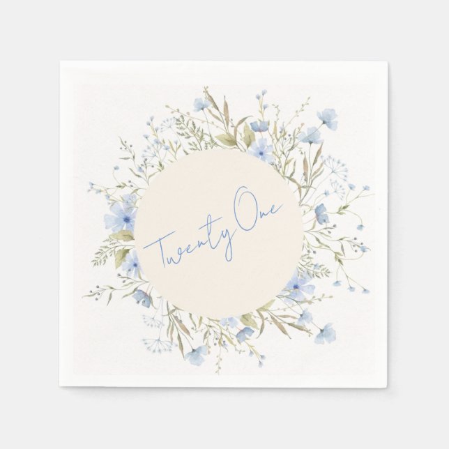Dusty Blue Wildflower Wreath 21st Birthday Party Napkins (Front)