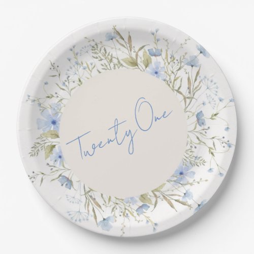 Dusty Blue Wildflower Wreath 21st Birthday Party Paper Plates