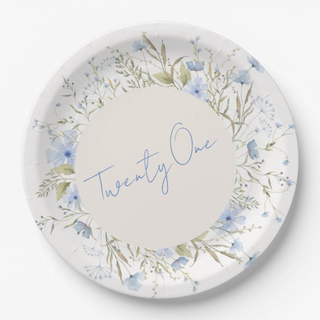 Dusty Blue Wildflower Wreath 21st Birthday Party Paper Plates (Front)