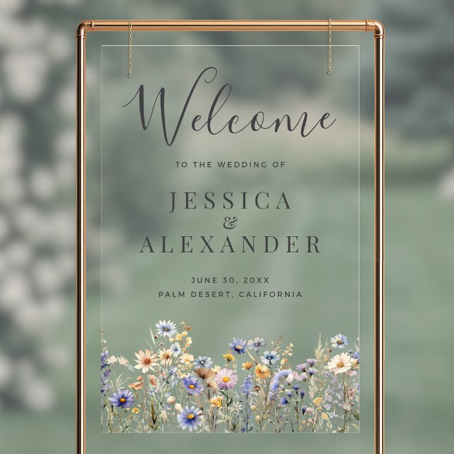 Dusty Blue Wildflowers 24x36 Wedding Welcome Acrylic Sign (Dusty Blue Wildflowers 24x36 Wedding Clear Acrylic Welcome Sign with Gray Script Calligraphy.)
