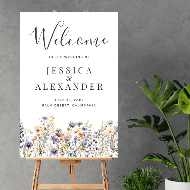 Dusty Blue Wildflowers 24x36 Wedding Welcome Foam Board (Dusty Blue Wildflowers Elegant Wedding Welcome Sign 24x36 with Couple Names, Wedding Details.)