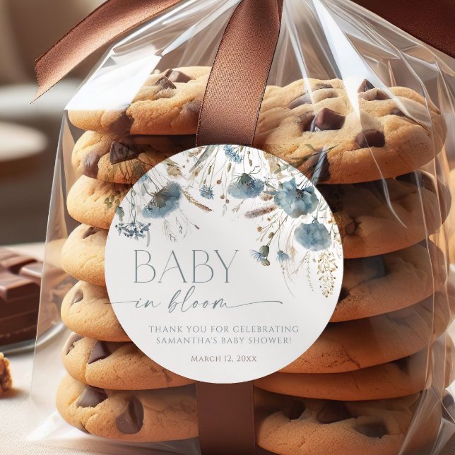 Dusty blue wildflowers baby in bloom boy shower classic round sticker (Creator Uploaded)