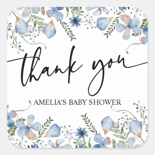 Dusty Blue Wildflowers Baby Shower Thank You Square Sticker