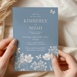 Dusty blue wildflowers boho wedding invitation