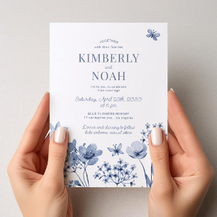 Dusty blue wildflowers boho white wedding invitation