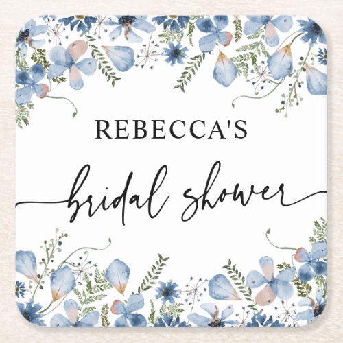 Dusty Blue Wildflowers Bridal Shower Square Paper Coaster