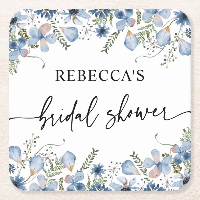 Dusty Blue Wildflowers Bridal Shower Square Paper Coaster (Front)