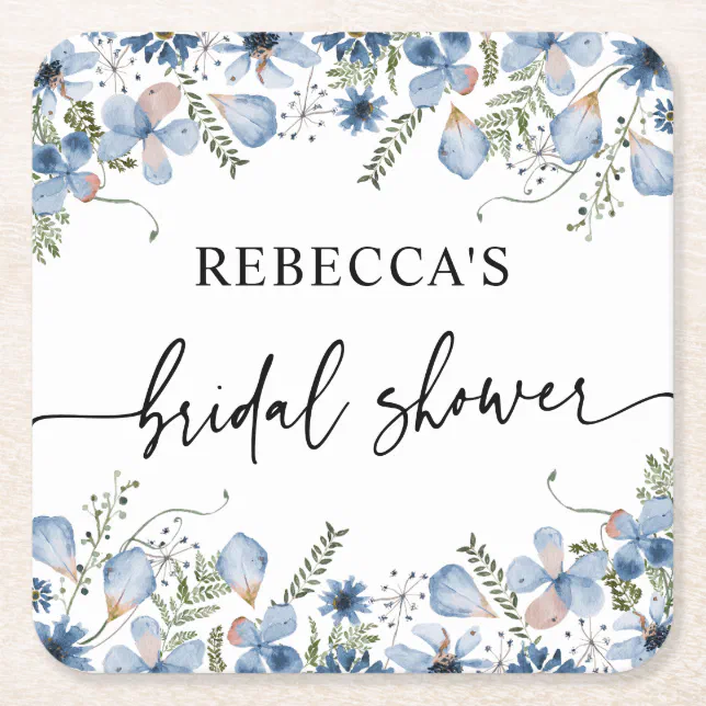 Dusty Blue Wildflowers Bridal Shower Square Paper Coaster Zazzle 8461