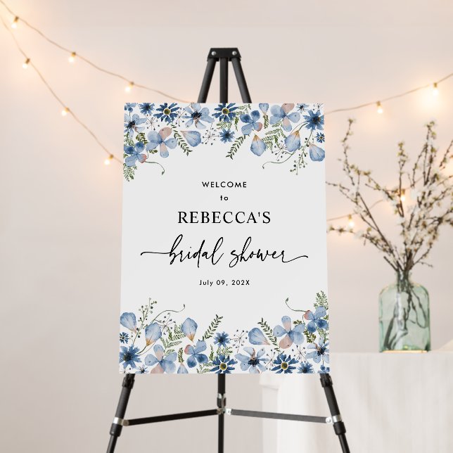Dusty Blue Wildflowers Bridal Shower Welcome Sign (In Situ (Stand))