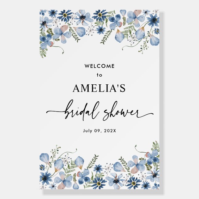 Dusty Blue Wildflowers Bridal Shower Welcome Sign (Front)