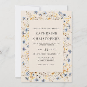 Dusty Blue Wildflowers Budget Beige Wedding Invitation