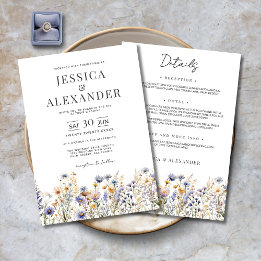 Dusty Blue Wildflowers Elegant All In One Wedding Invitation