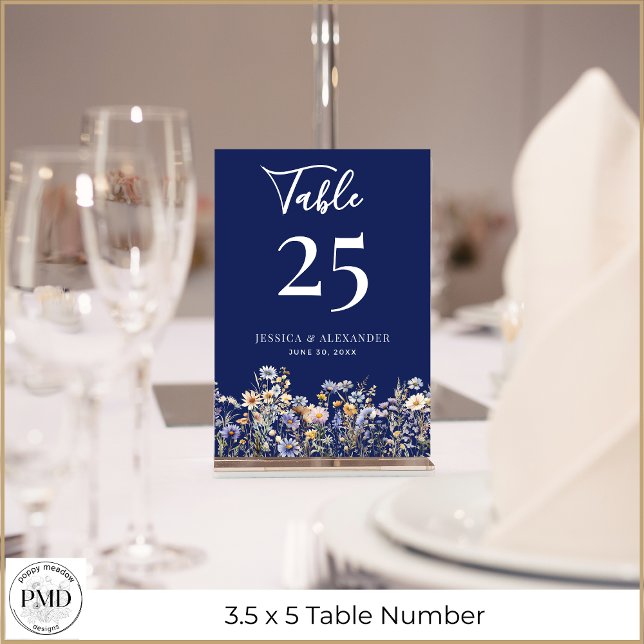 Dusty Blue Wildflowers Elegant Script Navy Wedding Table Number (Dust Blue Wildflowers Elegant Script Navy Wedding Table Number with Couple Names, Wedding Date.)