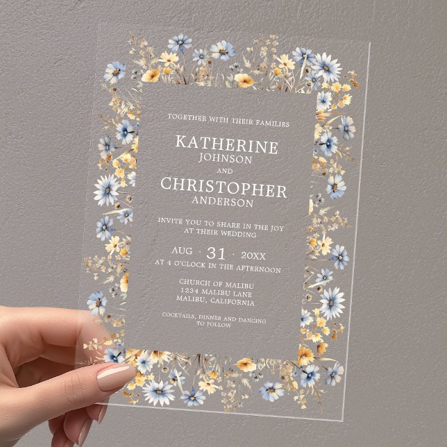 Dusty Blue Wildflowers Elegant Wedding Acrylic Invitations (Dusty Blue Wildflowers Elegant Clear Acrylic Wedding Invitation with Couple First Last Names.)