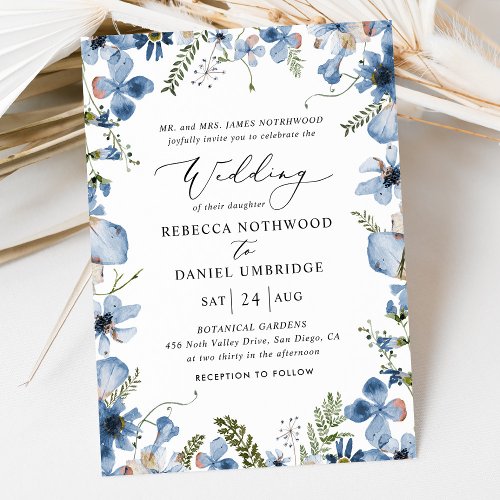 Dusty Blue Wildflowers Elegant Wedding Invitation