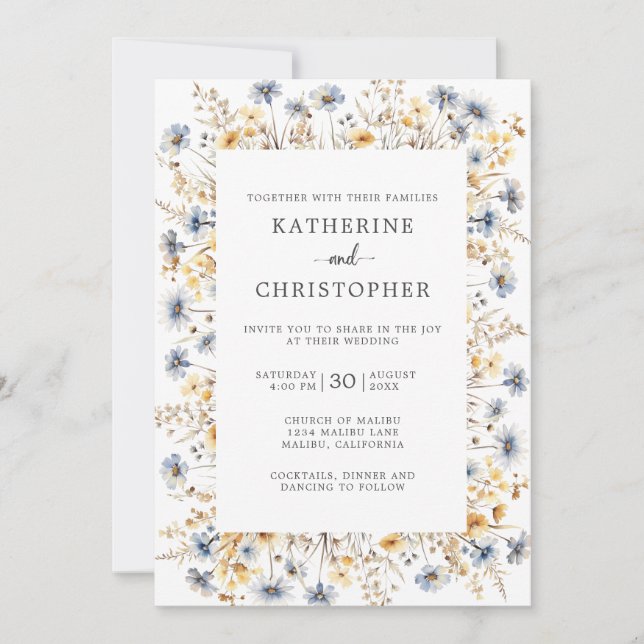 Dusty Blue Wildflowers Elegant Wedding Invitation (Front)