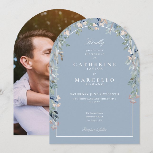 Dusty Blue Wildflowers Floral Arch Photo Wedding Invitation (Front/Back)