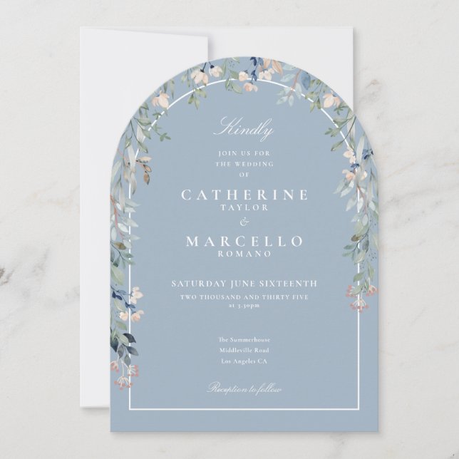 Dusty Blue Wildflowers Floral Arch Wedding Invitation (Front)