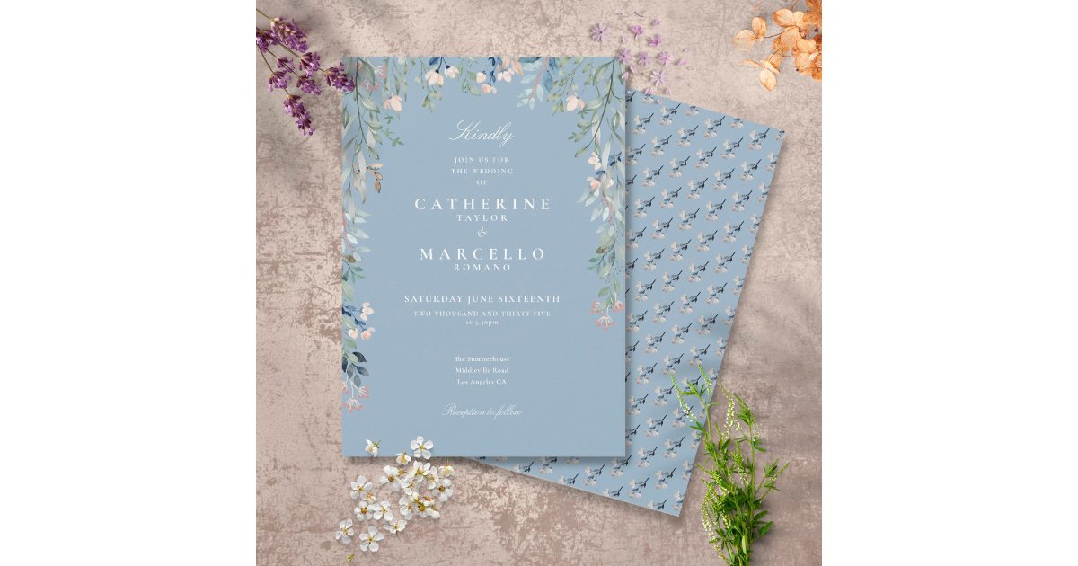 Dusty Blue Wildflowers Floral Greenery Wedding Invitation | Zazzle