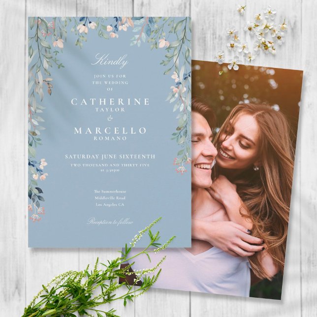 Dusty Blue Wildflowers Floral Photo Wedding Invitation (Creator Uploaded)