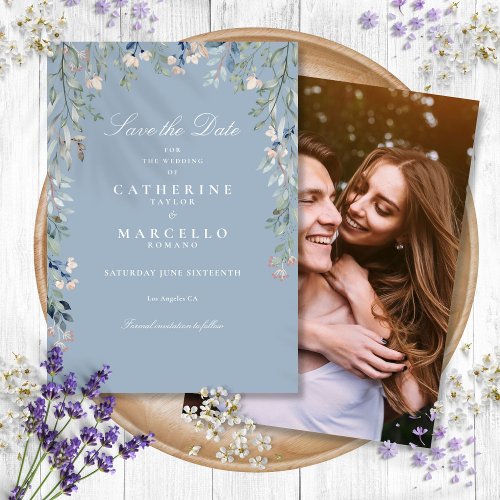 Dusty Blue Wildflowers Floral Photo Wedding Save The Date