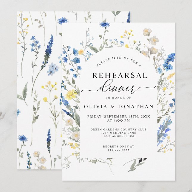 Dusty Blue WildFlowers Floral Rehearsal Dinner Invitation (Front/Back)