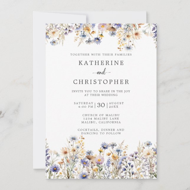 Dusty Blue Wildflowers Formal Wedding Invitation (Front)