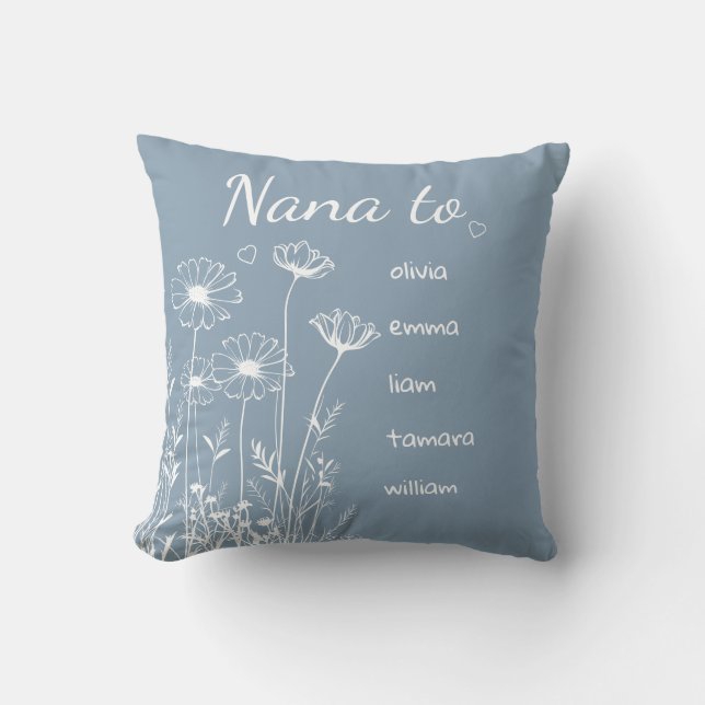 Dusty Blue Wildflowers Grandchildrens Names Nana Throw Pillow (Front)