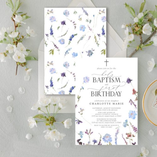 Dusty Blue Wildflowers Holy Baptism  1st Birthday Invitation