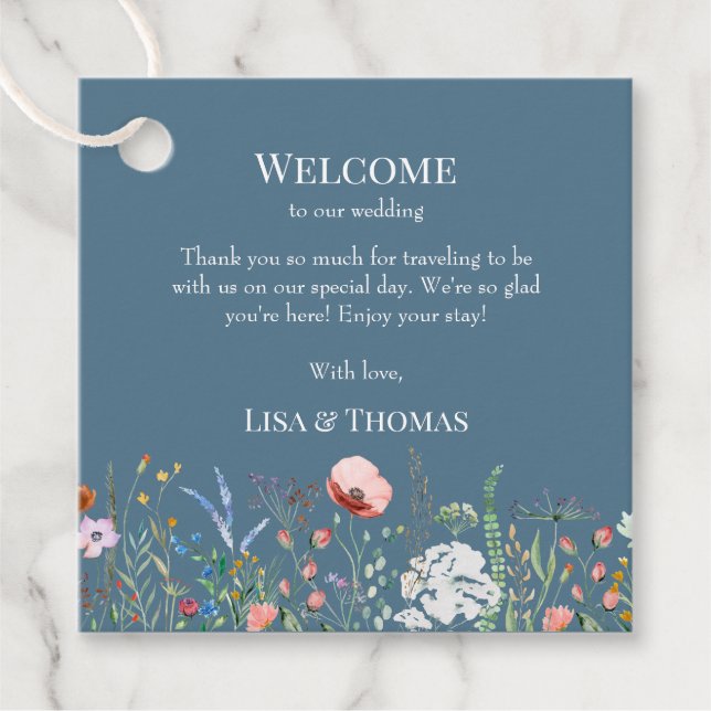 Dusty Blue Wildflowers Meadow Welcome Gift Tag (Front)