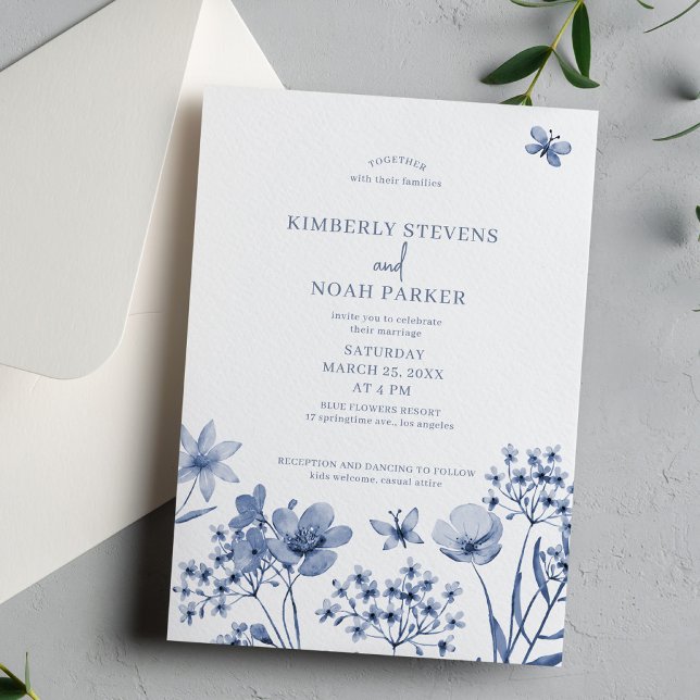 Dusty blue wildflowers modern wedding invitation (Creator Uploaded)