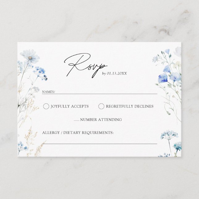 Dusty Blue Wildflowers Monogram Wedding RSVP  Enclosure Card (Front)