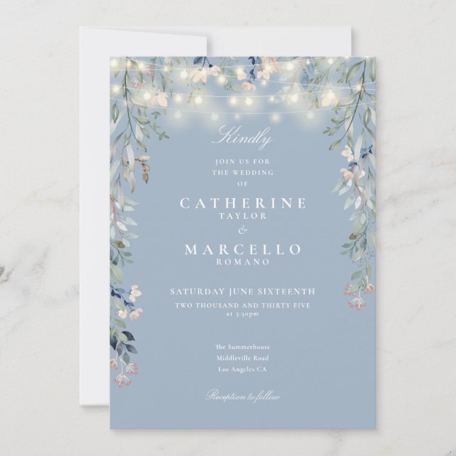 Dusty Blue Wildflowers String Lights Wedding Invitation (Front)